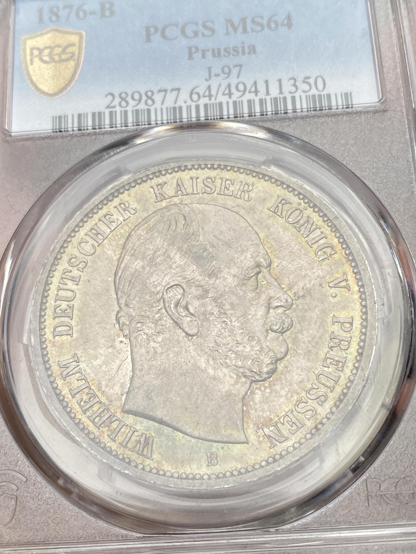 万国钱币拍卖第049期（万国夏季大拍） PCGS MS64 1876年德国普鲁士威廉一世短翅流通5马克 帝国马克开山之年 高分极其难得 绚丽五彩 顶级收藏品质 PC亚军分
