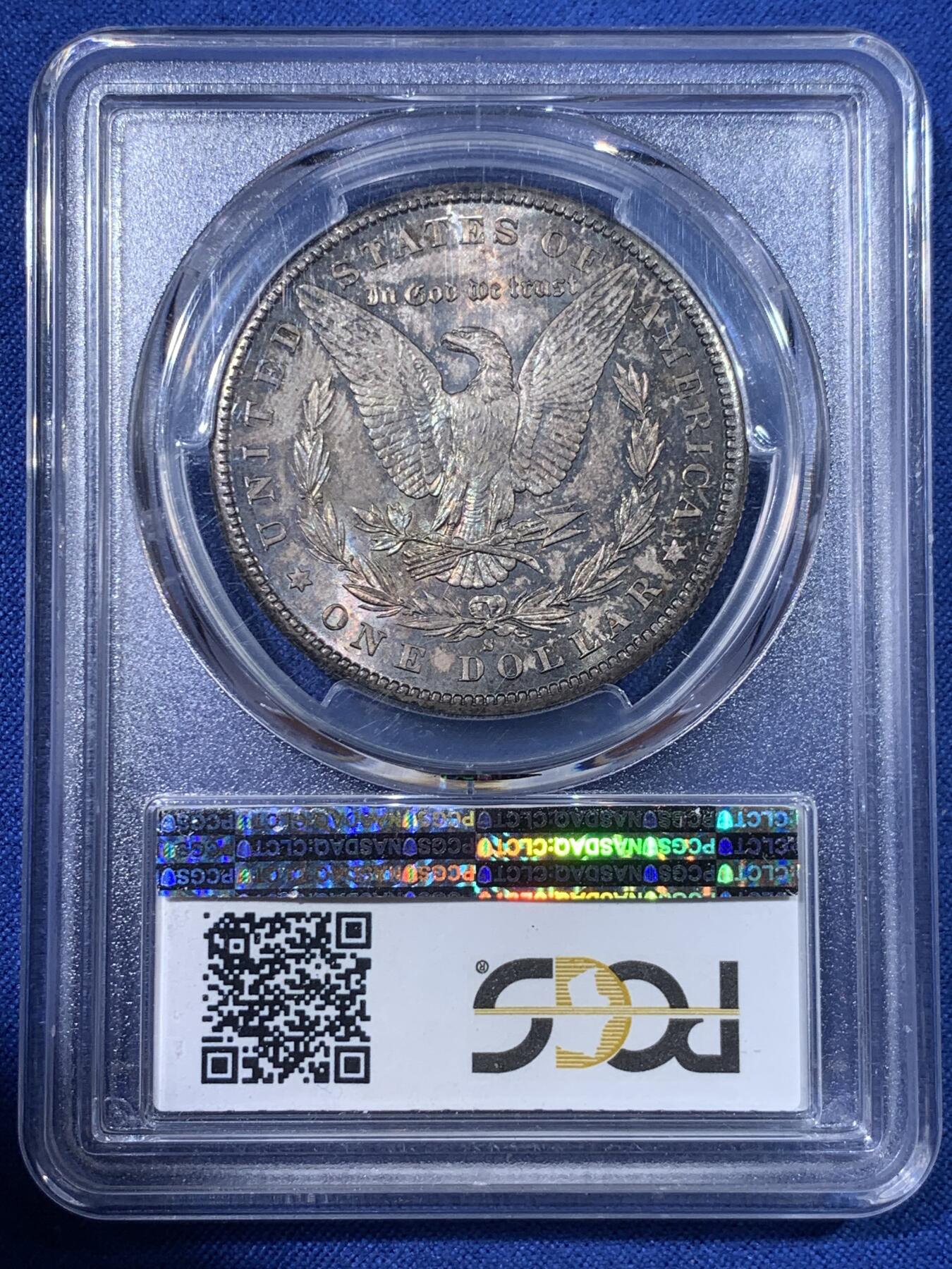 《竞宝斋》第398场 周日，周一，2场连拍 （全场包邮） PCGS MS65 1881年S美国摩根一美元大银 BU银光炫彩倒影包浆