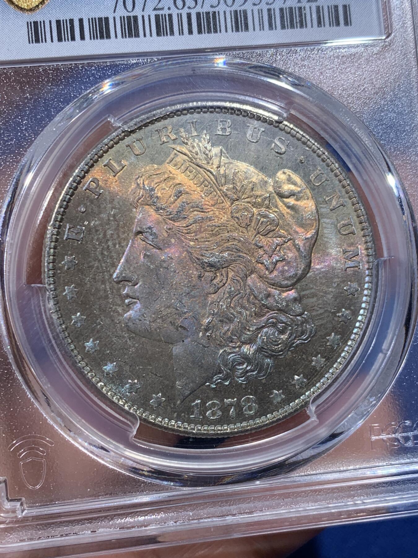 《竞宝斋》第398场 周日，周一，2场连拍 （全场包邮） PCGS-MS63 1878 摩根八羽 8tf 五彩包浆 好彩难得