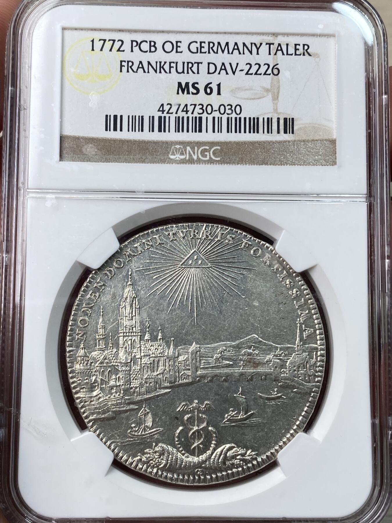 万国钱币拍卖第049期（万国夏季大拍） NGC MS61 1772年德国法兰克福城市景观1泰勒大银币 经典法兰克福河景 轻微类镜面质感 底光充沛打制上乘 目前高质量景观泰勒在外拍也是一币难求