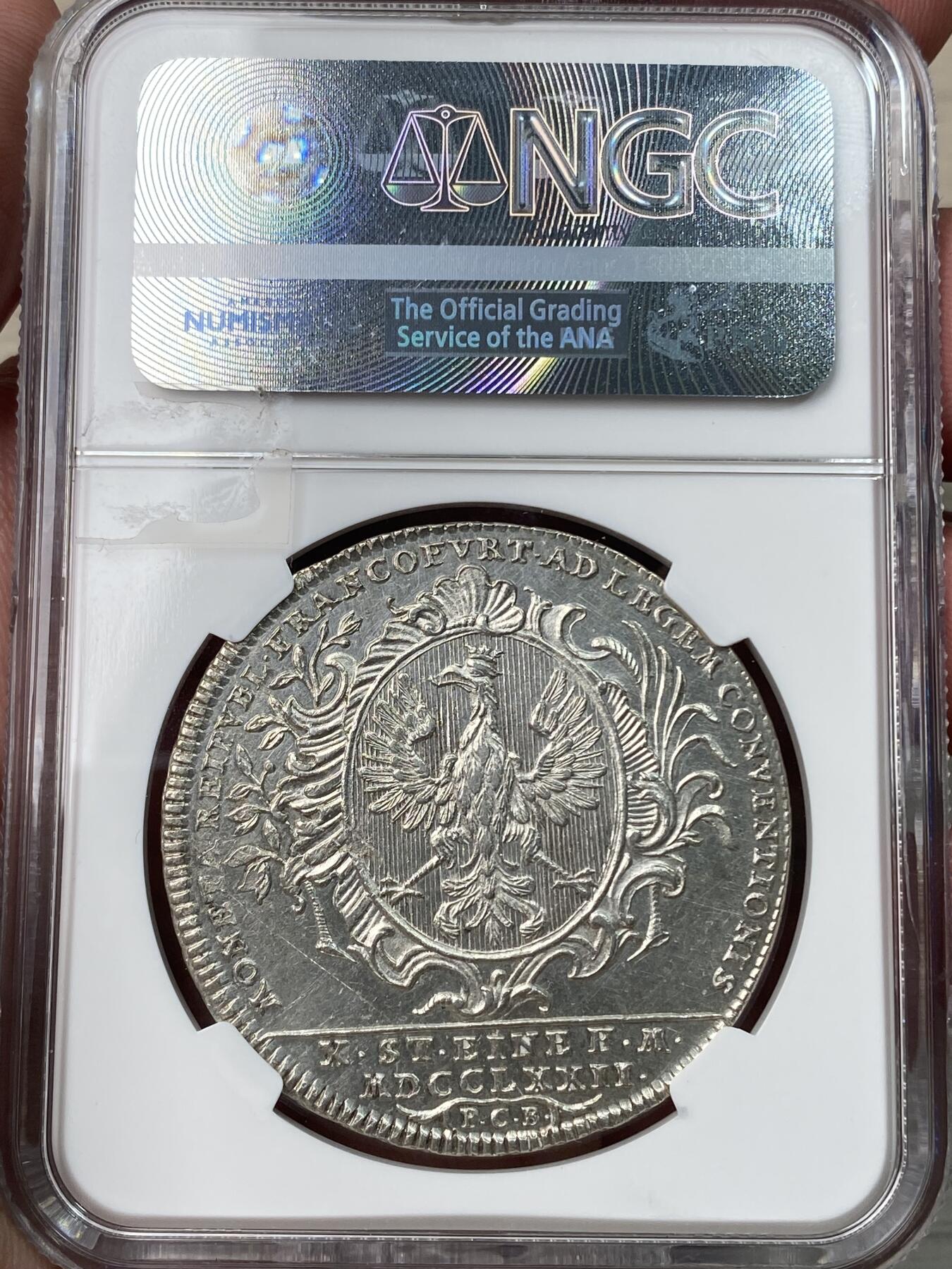 万国钱币拍卖第049期（万国夏季大拍） NGC MS61 1772年德国法兰克福城市景观1泰勒大银币 经典法兰克福河景 轻微类镜面质感 底光充沛打制上乘 目前高质量景观泰勒在外拍也是一币难求