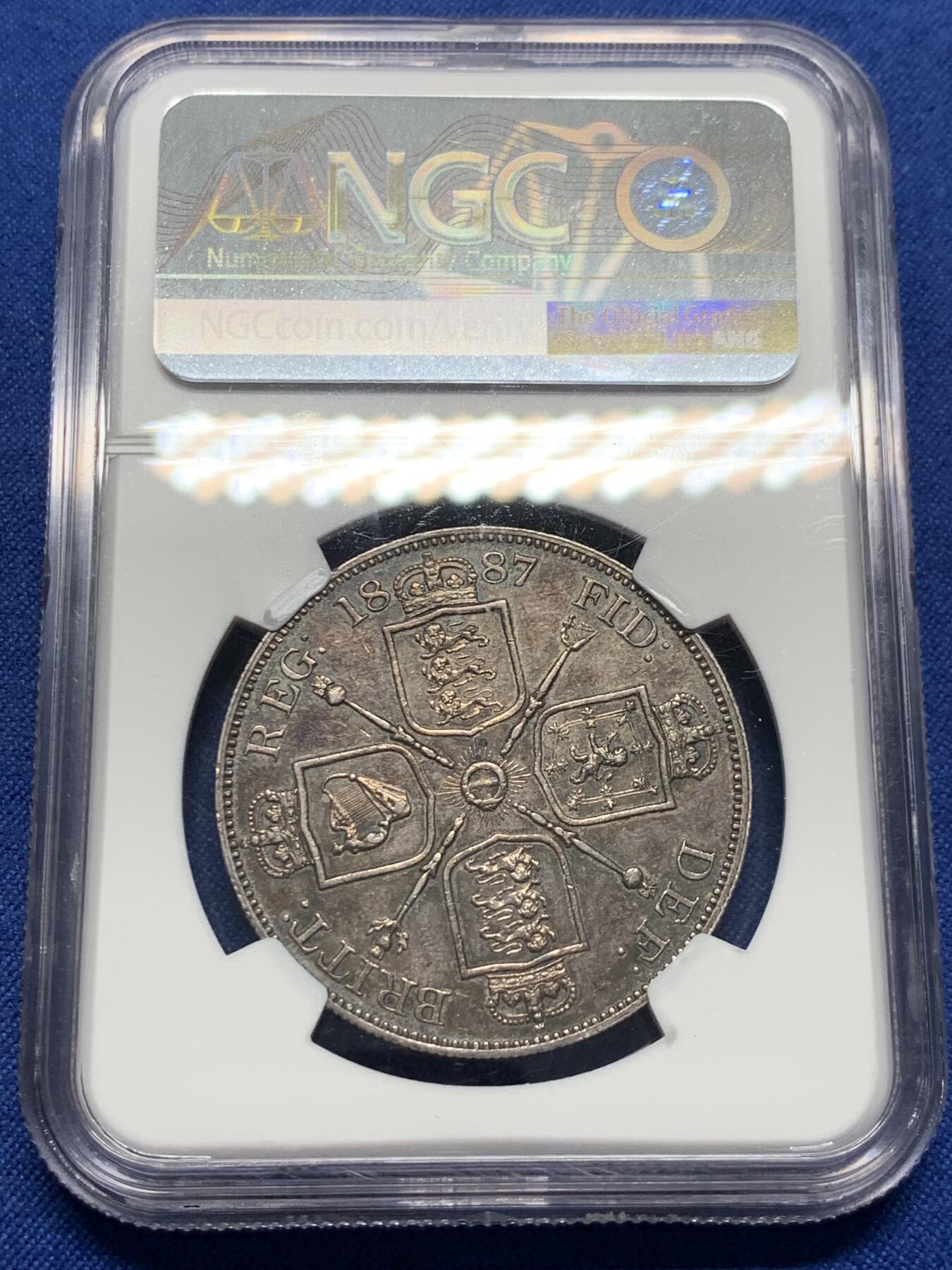 《竞宝斋》第398场 周日，周一，2场连拍 （全场包邮） NGC-AU58英国1887年维多利亚高冠双福林大银币=4先令 深彩包浆