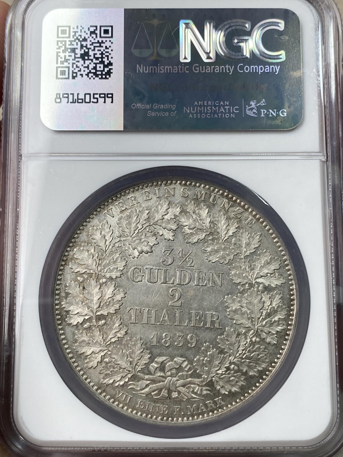 万国钱币拍卖第049期（万国夏季大拍） NGC MS62 1839年德国巴伐利亚路德维希一世流通2泰勒 好品罕见的路一流通2T 淡环金彩十字转光高点极佳