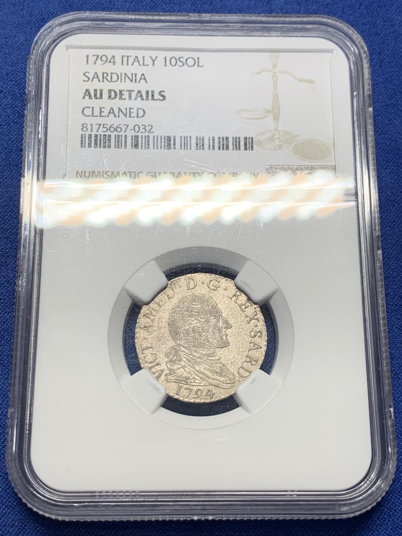 《竞宝斋》第398场 周日，周一，2场连拍 （全场包邮） NGC AUD 意大利萨丁王国1794年10Sol银币 少见品种