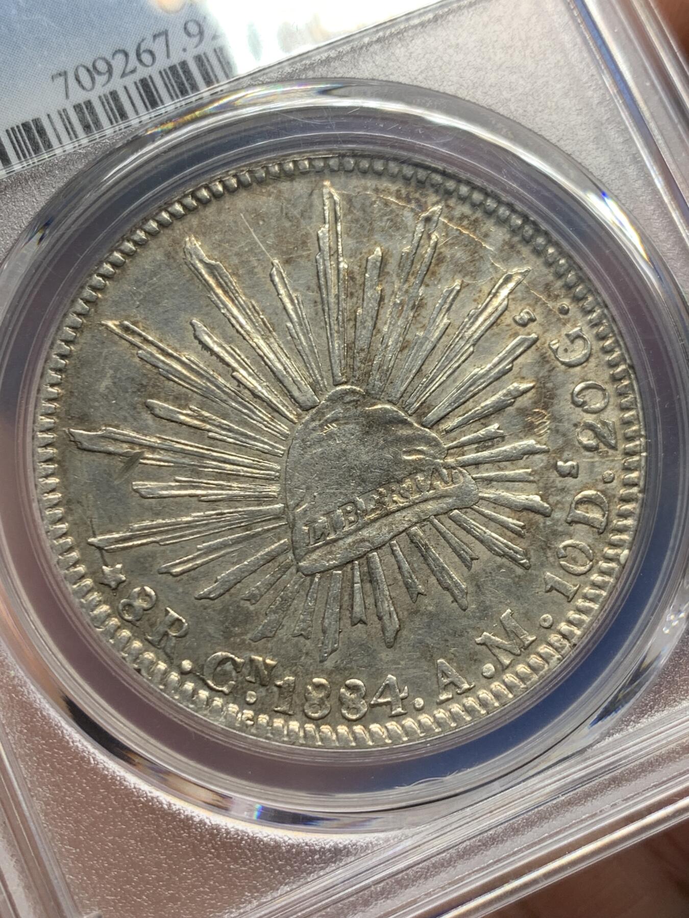 《竞宝斋》第398场 周日，周一，2场连拍 （全场包邮） PCGS-AU 墨西哥 1884 CN AM版 8瑞尔 银币 七级鹰 AU级别极少 可遇不可求