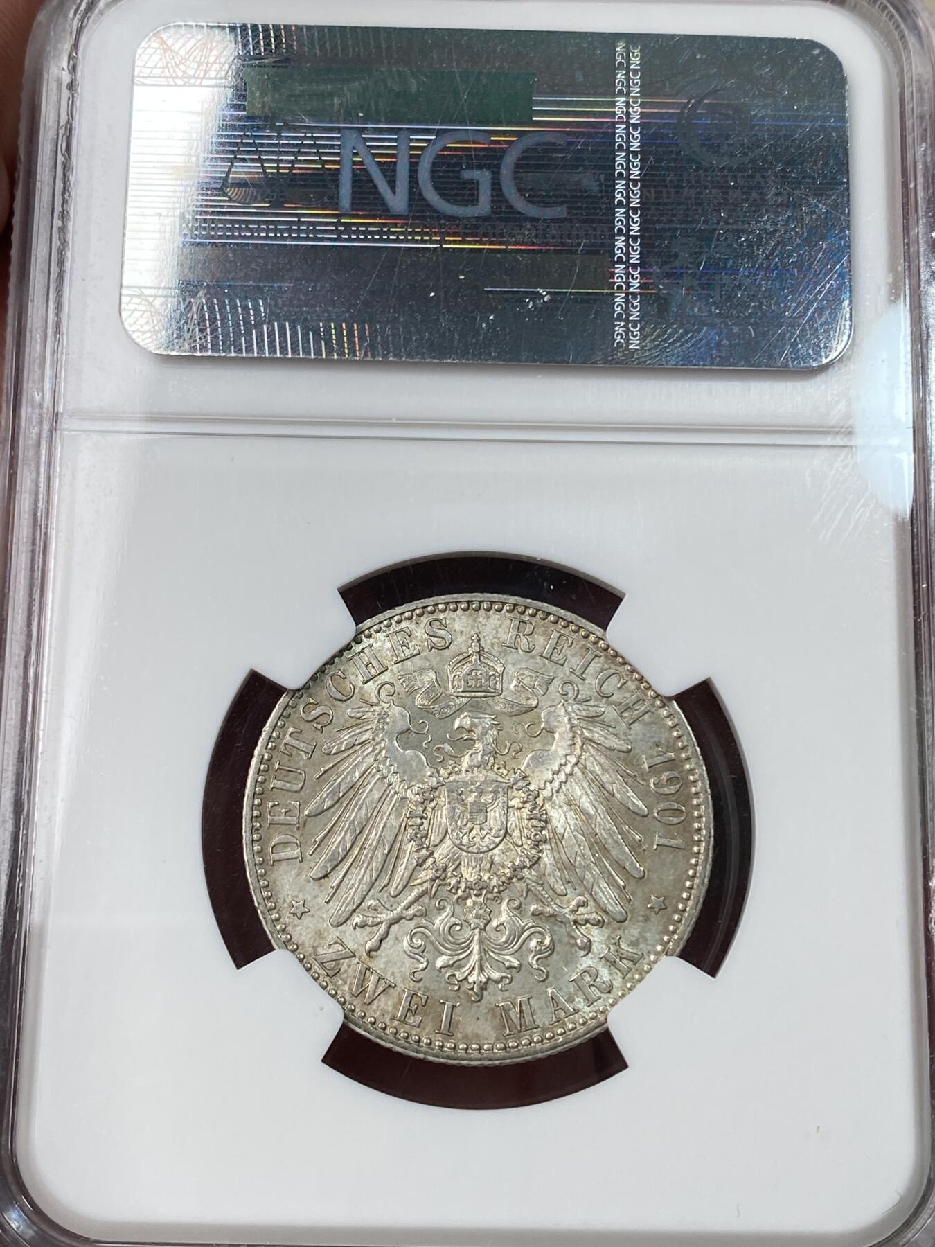 万国钱币拍卖第049期（万国夏季大拍） NGC AU58 1901年德国梅克伦堡-什未林大公国弗里德里希·弗朗茨四世长翅流通2马克 罕见小邦品种 欧陆原味转光