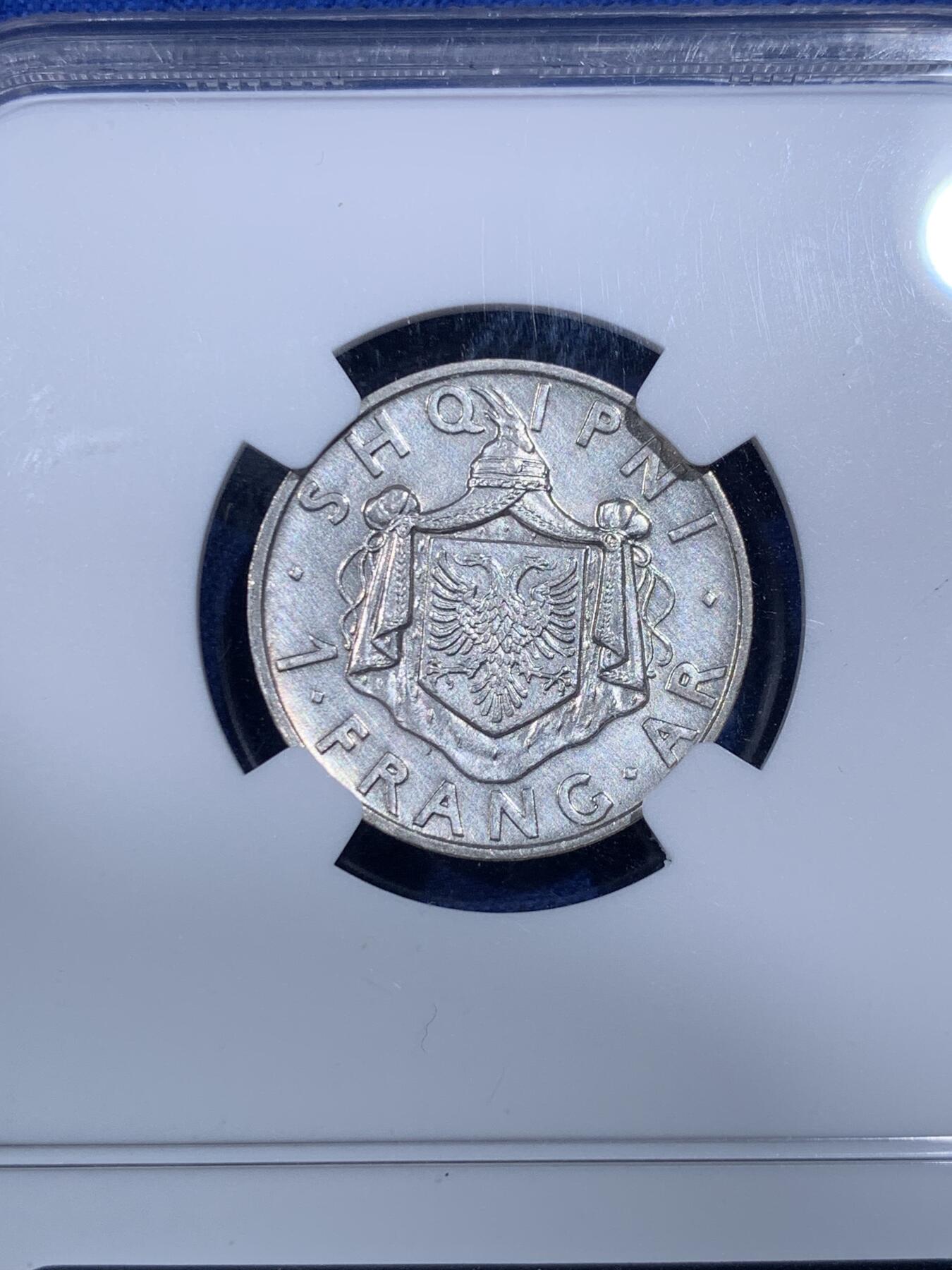 《竞宝斋》第398场 周日，周一，2场连拍 （全场包邮） NGC UNC 阿尔巴尼亚1937年1法郎银币 少见年份