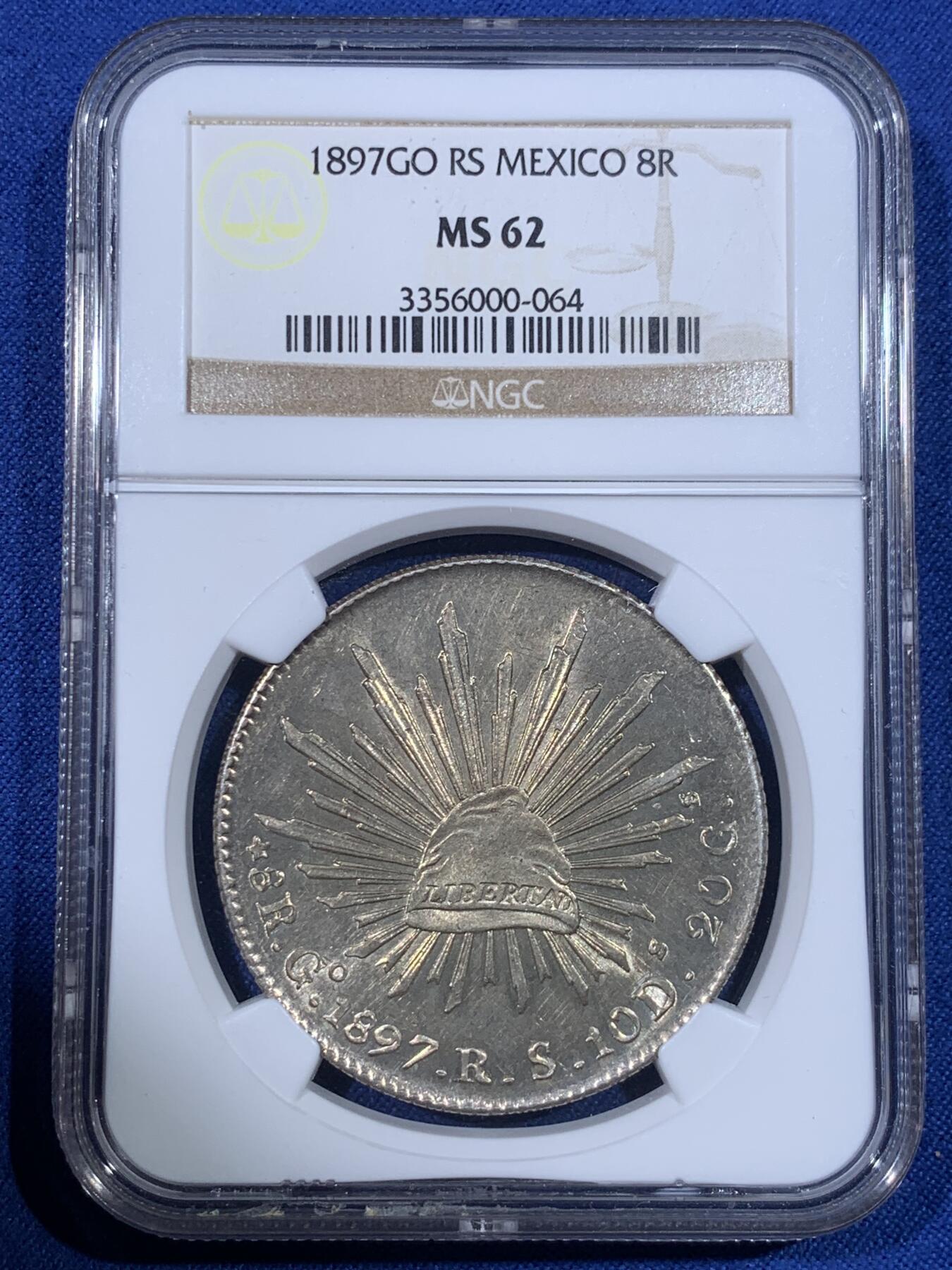 《竞宝斋》第398场 周日，周一，2场连拍 （全场包邮） NGC-MS62 1897年墨西哥鹰洋（GO RS)8R大银币