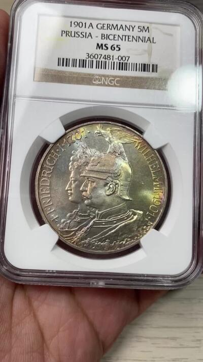 万国钱币拍卖第049期（万国夏季大拍） NGC MS64 1901年德国普鲁士建国200周年长翅5马克 普鲁士经典品种 罕见七色彩虹包浆 顶级视觉享受