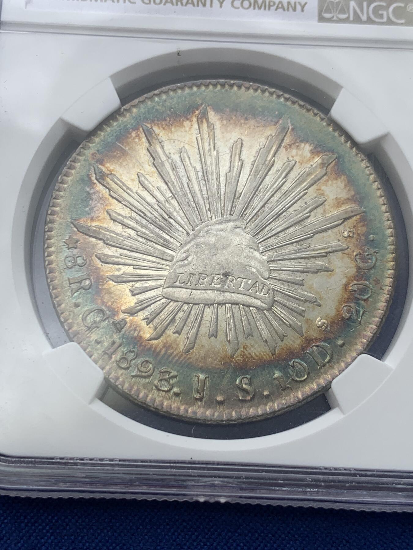 《竞宝斋》第398场 周日，周一，2场连拍 （全场包邮） NGC UNC 墨西哥 1893年花边鹰洋 少见绚丽环彩 正反面都有