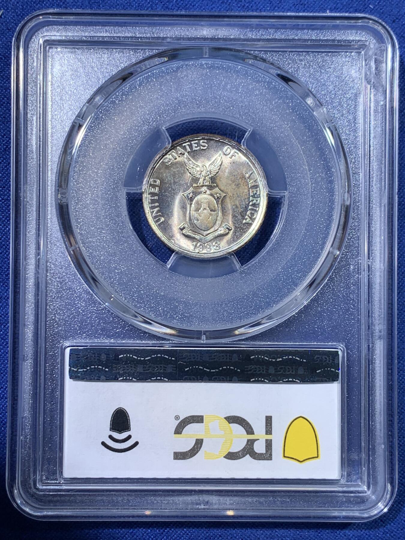 《竞宝斋》第398场 周日，周一，2场连拍 （全场包邮） PCGS MS64美属菲律宾 1938年 火山与女神 20分 银币