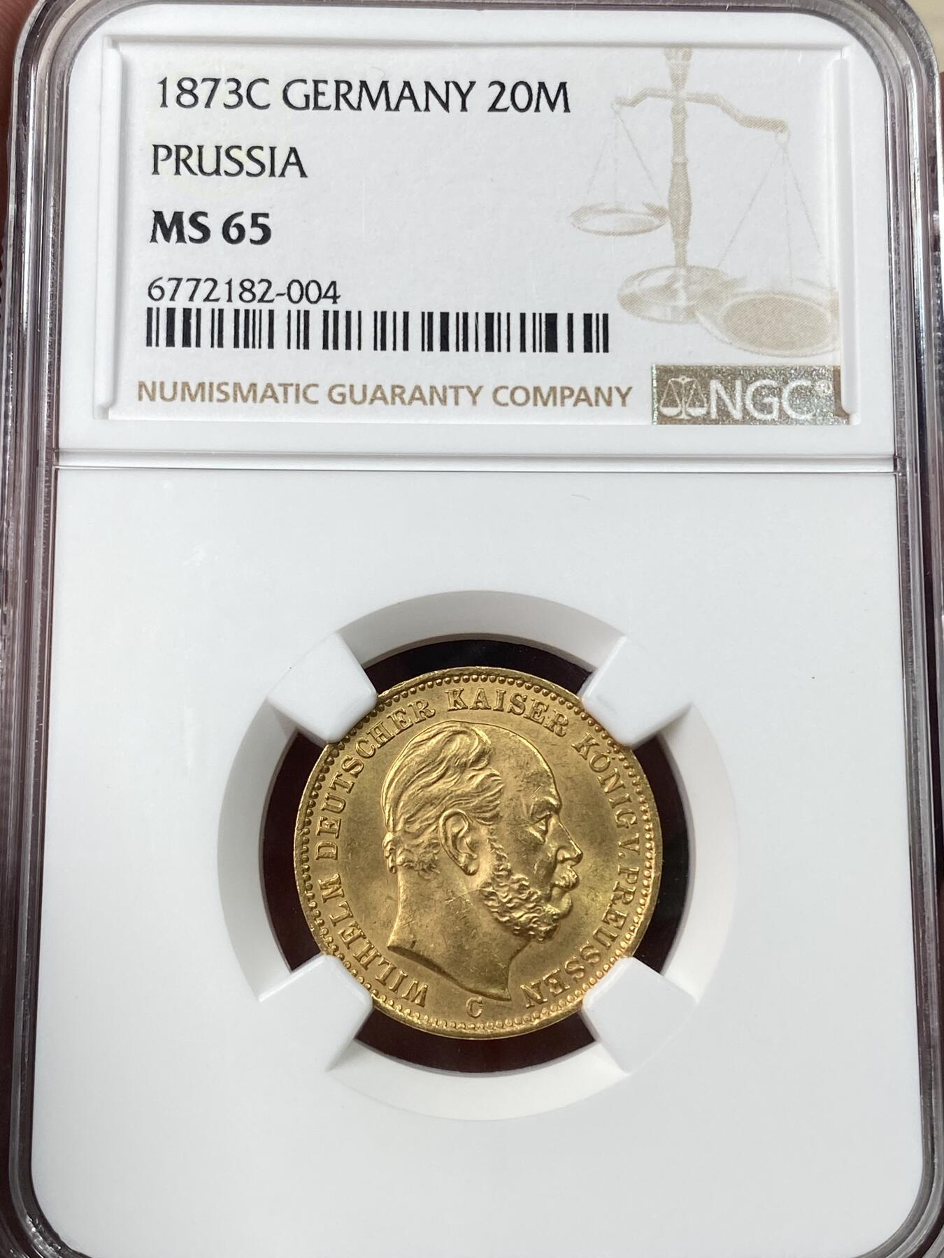万国钱币拍卖第049期（万国夏季大拍） NGC MS65 1873年德国普鲁士威廉一世短翅20马克金币 纵享顶级丝滑金光 典藏级短翅金马克 NGC亚军分 7.96g 900金