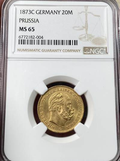 万国钱币拍卖第049期（万国夏季大拍） - NGC MS65 1873年德国普鲁士威廉一世短翅20马克金币 纵享顶级丝滑金光 典藏级短翅金马克 NGC亚军分 7.96g 900金