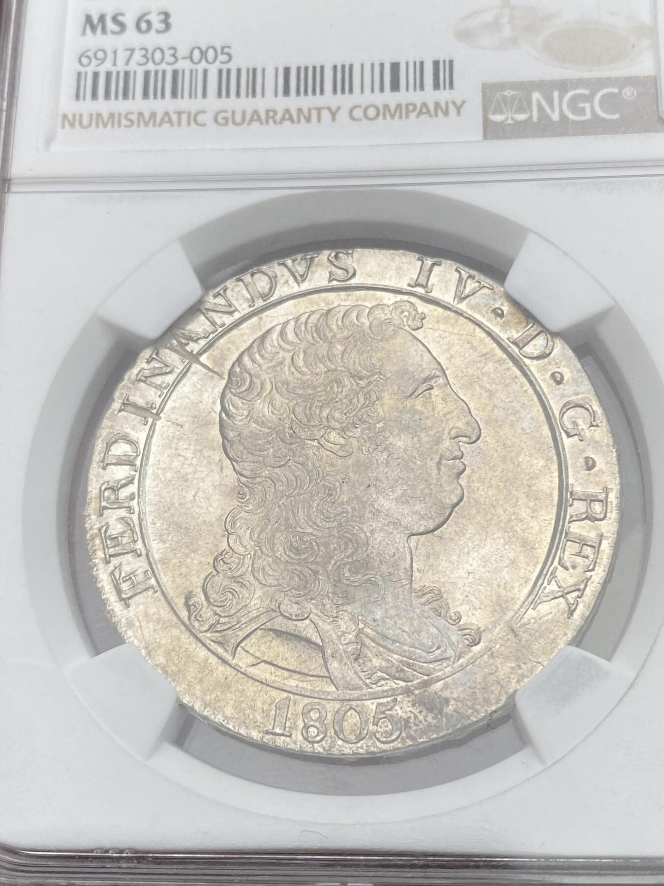 万国钱币拍卖第049期（万国夏季大拍） NGC MS63 1805意大利那不勒斯和西西里费迪南德四世120格拉纳大银 大头版本 原味淡金彩包浆