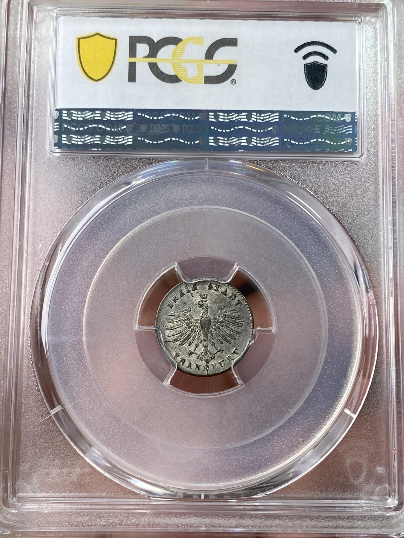 万国钱币拍卖第049期（万国夏季大拍） PCGS MS63 1839年德国法兰克福城市景观1克洛泽银币 可以说是最小的德系景观银币 小中见大的典范 欧陆酱彩近200年深打原味酱彩