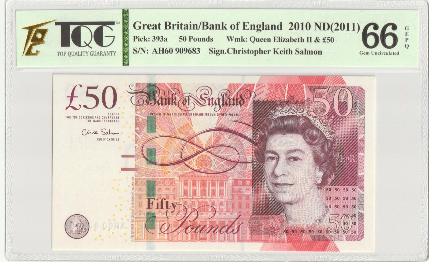 PThappally收藏第51次拍卖，英联邦地区硬币纸币 英国 年份 2011, 50 英镑 全新的 纸币 克劳斯目录编号:393a, 签名: Salmon, 认证于: TQG 66 GEPQ Gem UNC