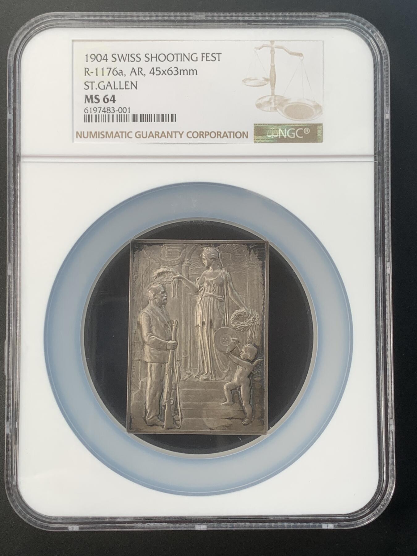 掌中浮雕-藏着的欧洲第031场 NGC MS64 : 1904年瑞士圣加伦射击节银章，45×63mm