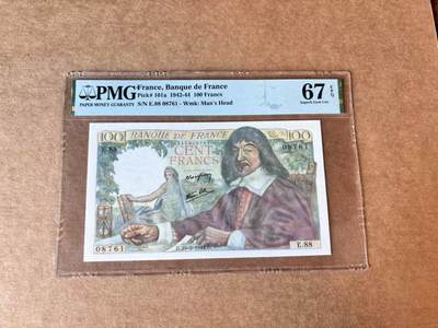 【Blue Auction】第692期——法国纸币专场Part II (Pre 1965) - 法国 1944年100法郎 笛卡尔 PMG67EPQ 高分