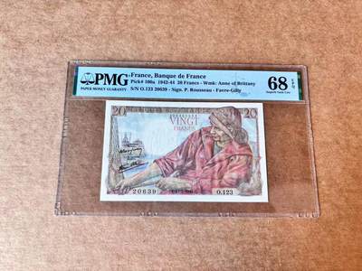 【Blue Auction】第692期——法国纸币专场Part II (Pre 1965) - 【无47 p100a】法国 1944年20法郎 PMG68EPQ 超高分