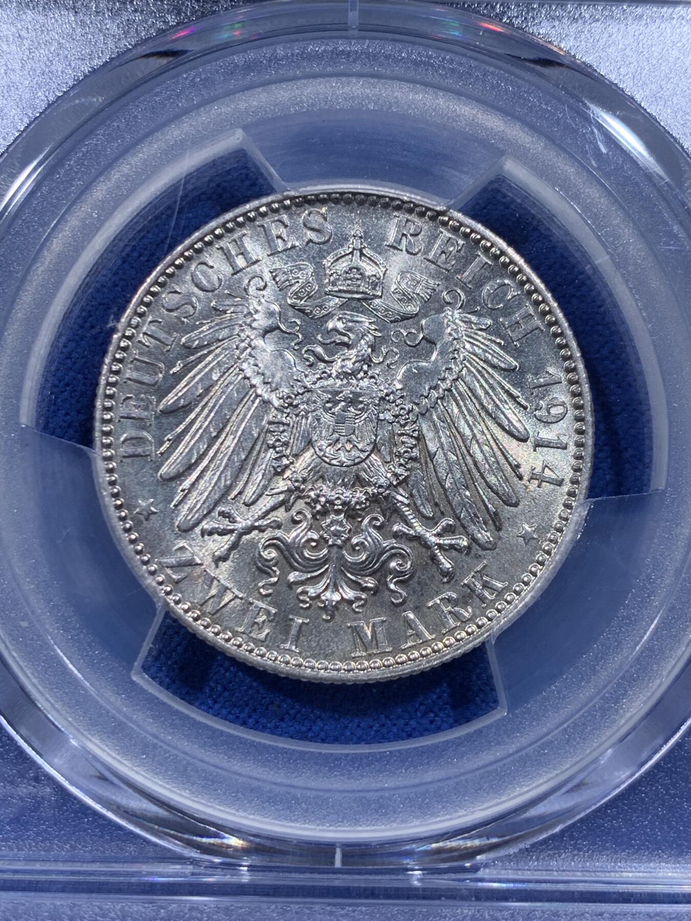 《竞宝斋》第399场 周日，周一，2场连拍 （全场包邮） PCGS MS63 德国 1914年 萨克森 奥古斯特三世 2马克银币