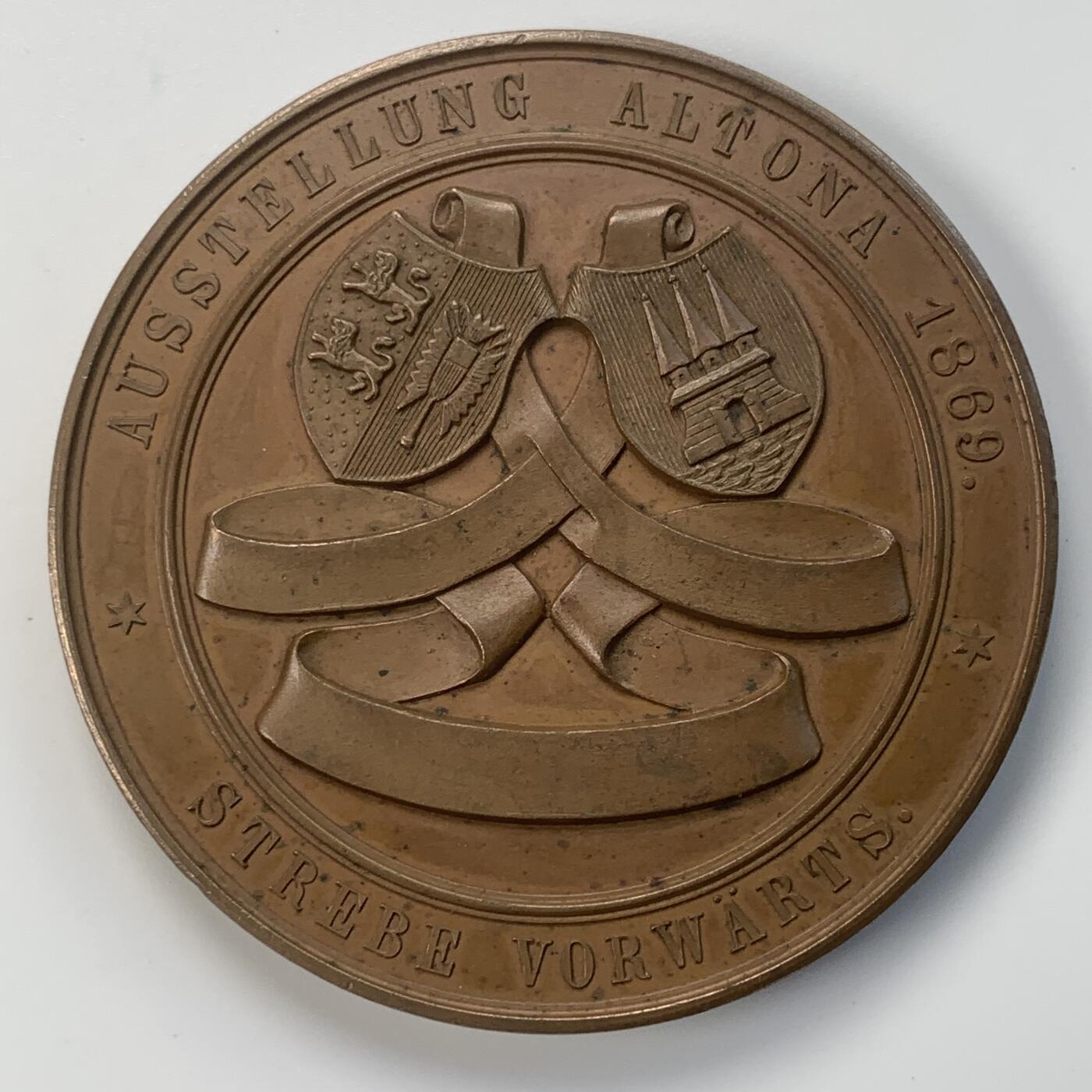 掌中浮雕-藏着的欧洲第031场 1869年德国汉堡阿尔托纳区展览会纪念铜章，60mm，原盒