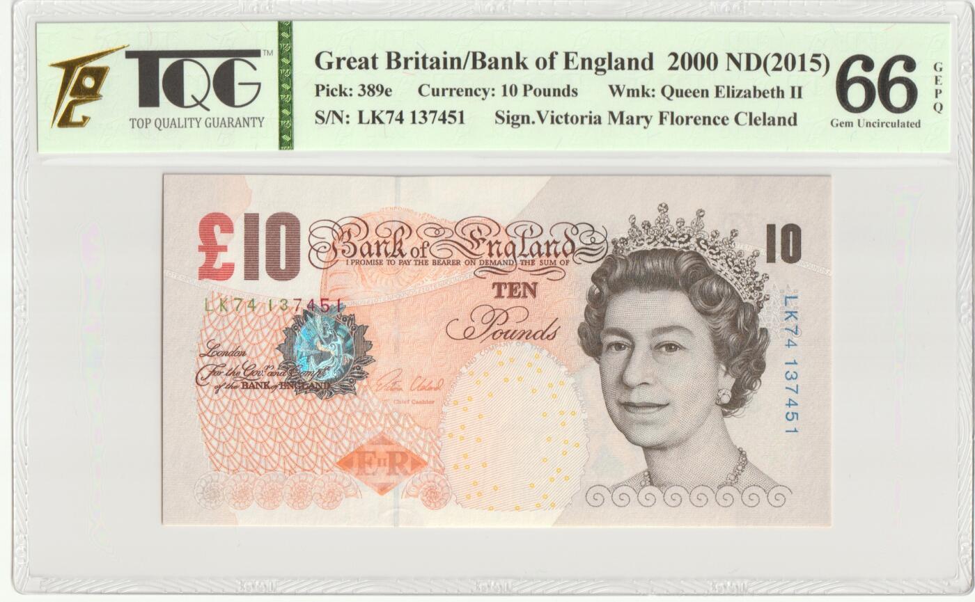 PThappally收藏第51次拍卖，英联邦地区硬币纸币 英国 年份 2015, 10 英镑, 全新的 纸币 克劳斯目录编号:389e, 签名: Victoria, 认证于: TQG 66 GEPQ Gem UNC