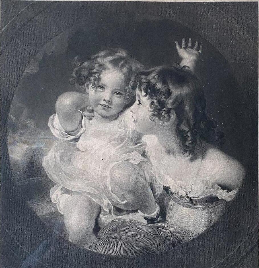 掌中浮雕-藏着的欧洲第031场 1848年英国“Calmady Children”（卡尔玛迪家的孩子）单面浮雕铜板。边缘铭文显示Edward William Wyon根据Thomas Lawrence的同名画作创作。铜板直径18cm，橡木框30×30cm。
