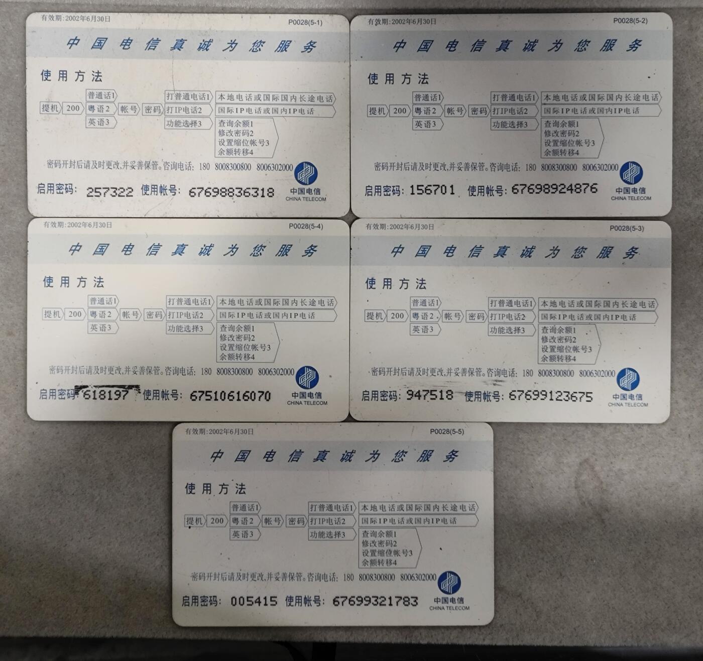 电话卡第三期 广东电信200卡，P0028，北京的胡同，5枚一套全