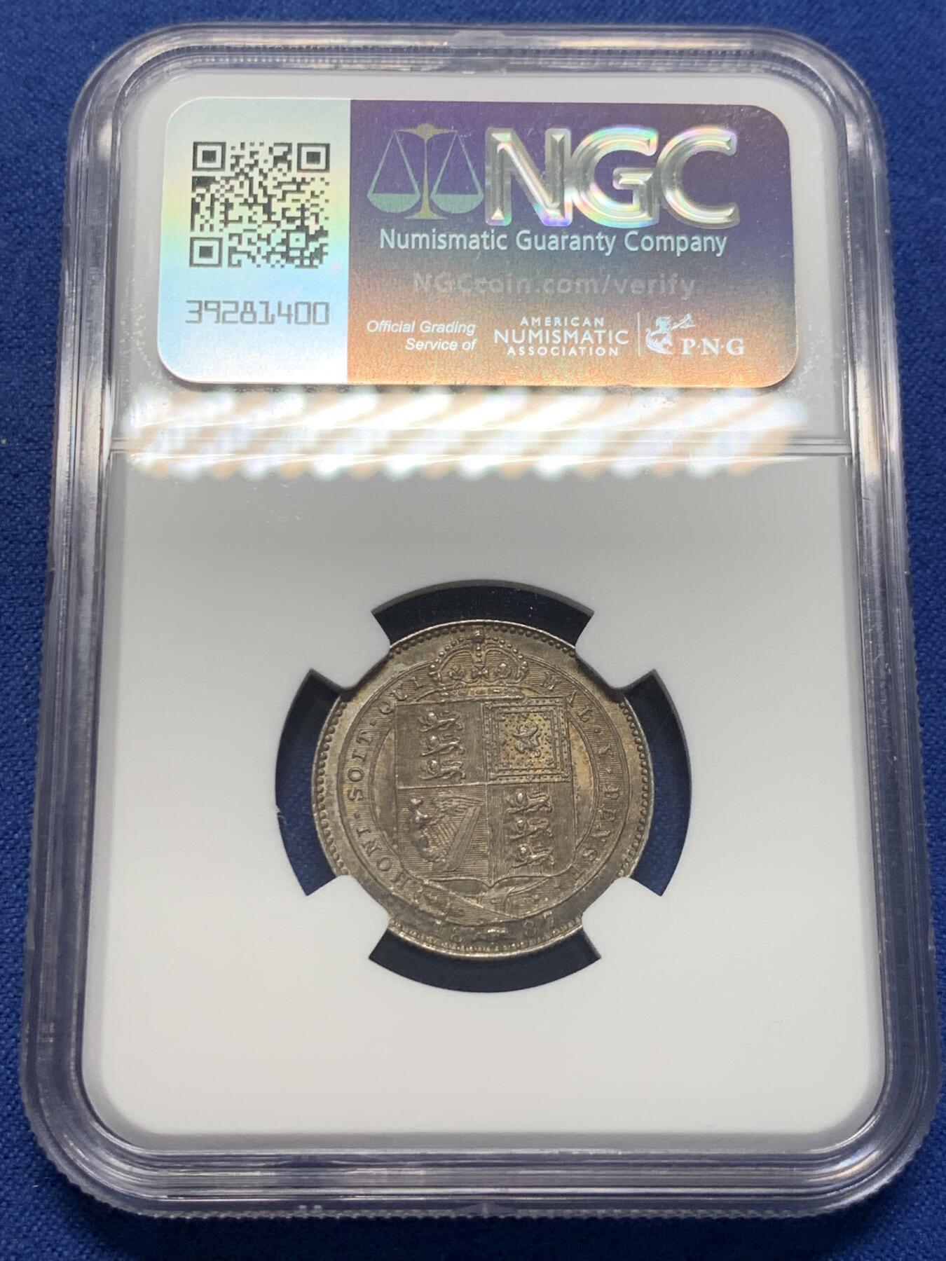 《竞宝斋》第399场 周日，周一，2场连拍 （全场包邮） NGC MS64 英国 1887年 维多利亚高冠 1先令银币 深彩包浆