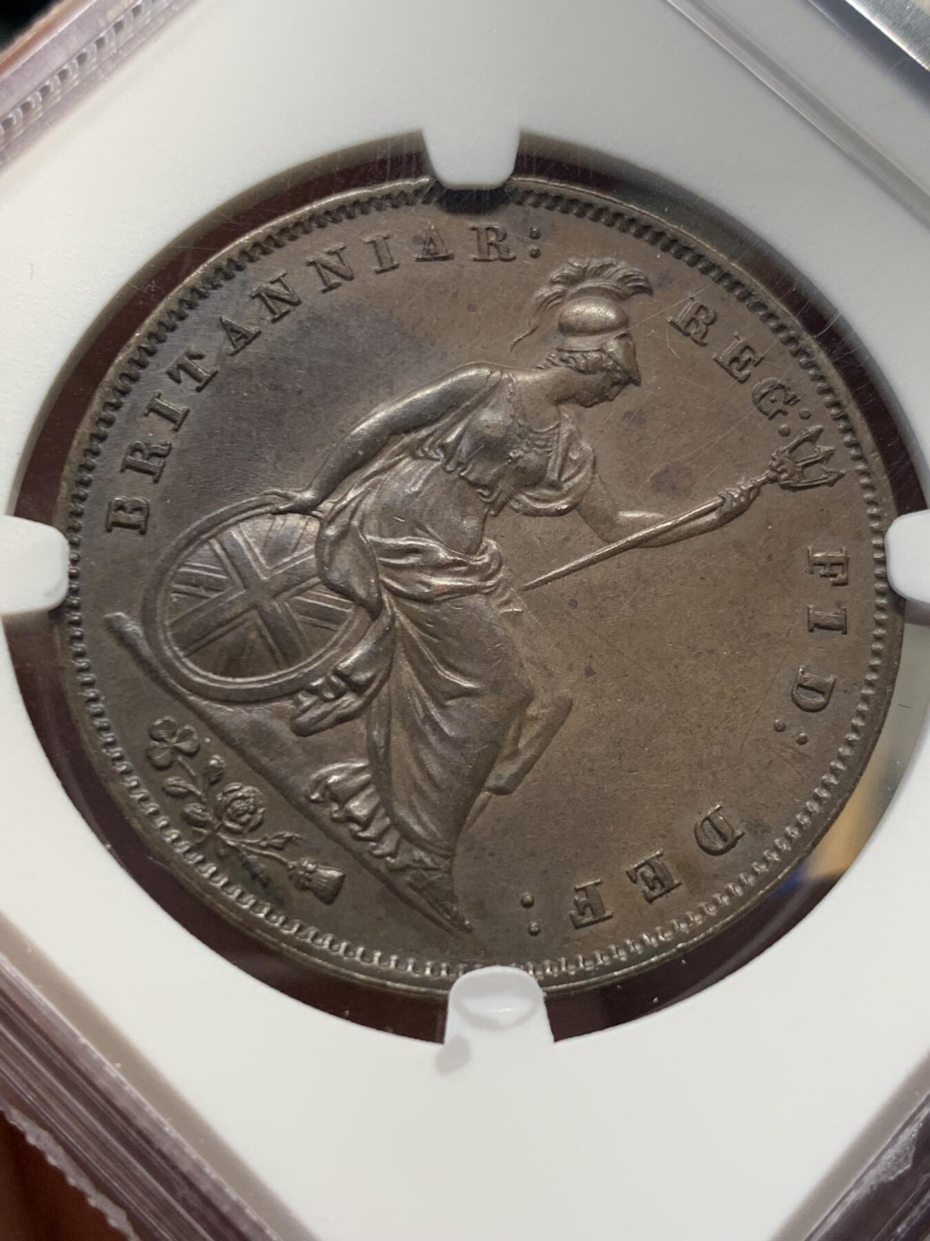 《竞宝斋》第399场 周日，周一，2场连拍 （全场包邮） NGC MS62 英国1853年青年维多利亚一便士铜币 经典设计 早期稀少年份 巧克力包浆 细节好
