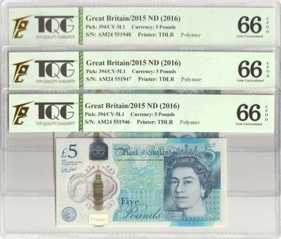 PThappally收藏第51次拍卖，英联邦地区硬币纸币 - 英国 年份 2016 (2015) 5 英镑 X 3 Consecutive numbers  全新的 纸币 克劳斯目录编号 394, 签名: Victoria, 认证于: TQG 66 EPQD Gem UNC. 