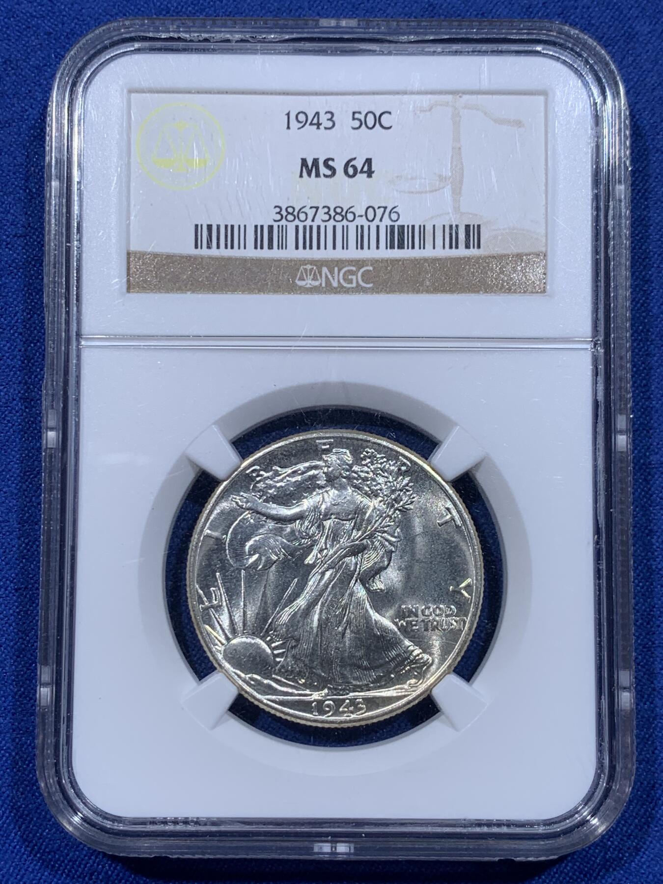 《竞宝斋》第399场 周日，周一，2场连拍 （全场包邮） NGC MS64 美国 1943年 50美分 行走女神银币