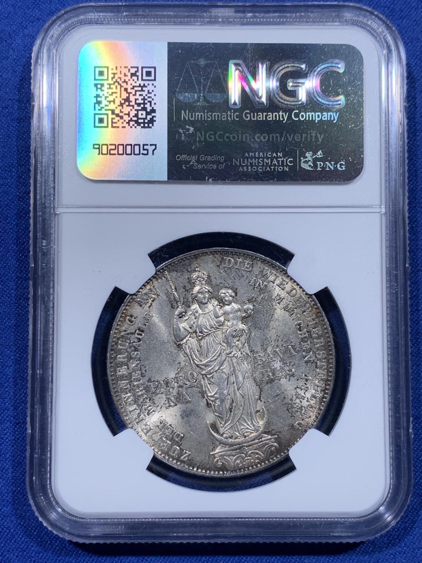 《竞宝斋》第399场 周日，周一，2场连拍 （全场包邮） NGC MS63  德国 1855年 巴伐利亚圣母抱婴2盾银币 五彩包浆