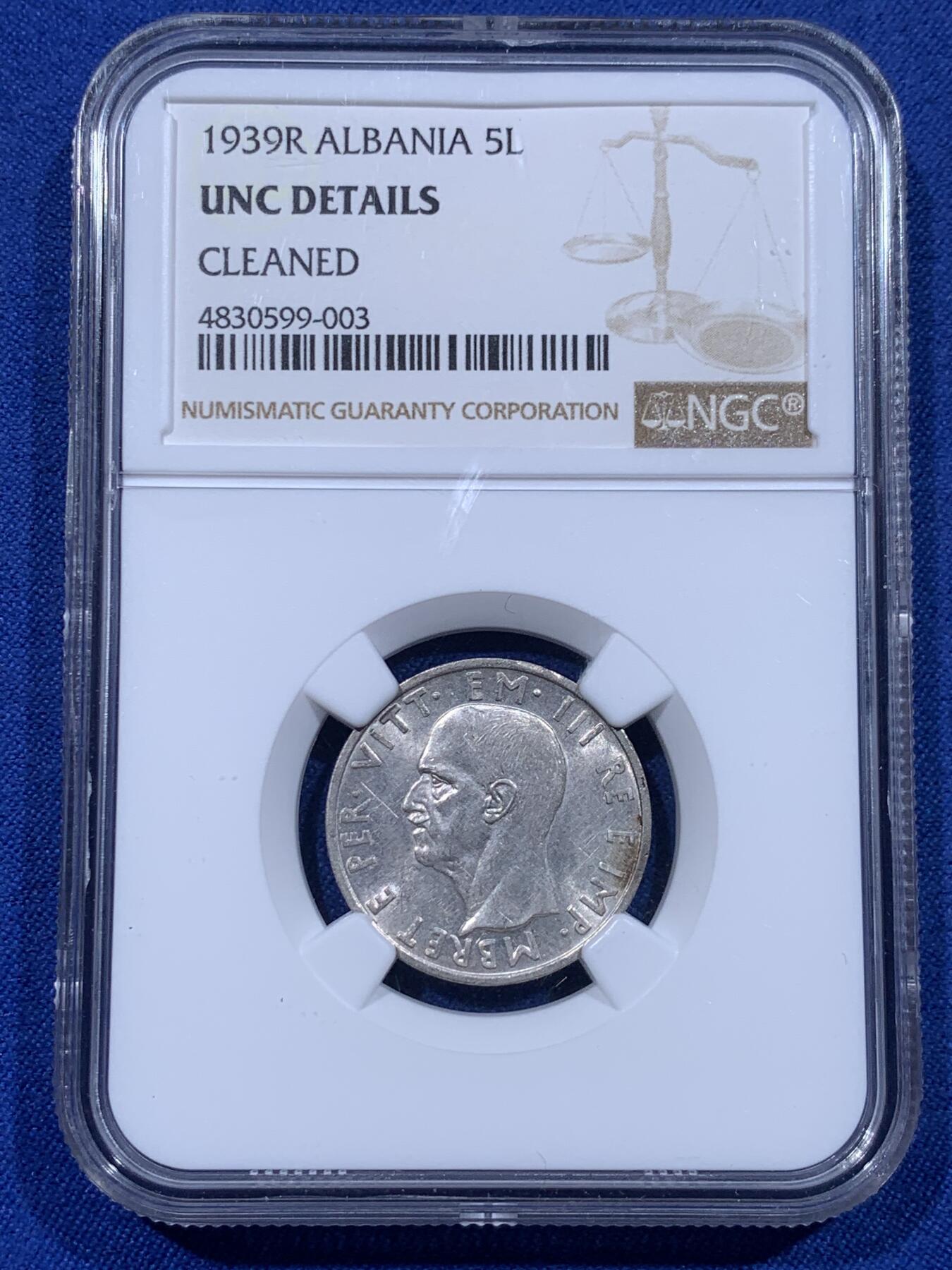 《竞宝斋》第399场 周日，周一，2场连拍 （全场包邮） NGC UNC 意属阿尔巴尼亚 1939年5列克银币 好品难得
