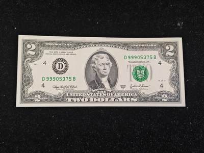 美国纸币 2003年A 2美元 D区 无4 全新UNC - 美国纸币 2003年A 2美元 D区 无4 全新UNC