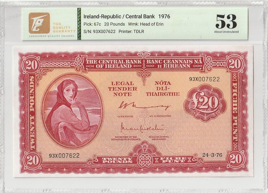 2025七月第一期（总第183期） 爱尔兰1976年20镑TQG53分千位号7622，爱尔兰人格化象征“拉维利夫人”，少见的大票幅中高面值