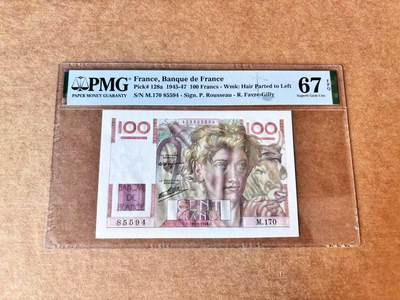 【Blue Auction】第692期——法国纸币专场Part II (Pre 1965) - 【p128a】法国 1946年100法郎 PMG67EPQ 高分