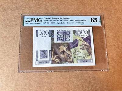 【Blue Auction】第692期——法国纸币专场Part II (Pre 1965) -  【129a】法国 1946年（9月12日）500法郎 夏多布里昂 PMG65EPQ 
