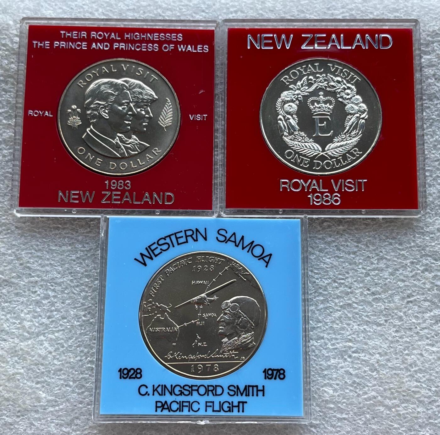 外国老铜银币，福在眼前手雕镂空玉牌，历代古钱币（含秦半两、五铢记号钱、常平五铢、会昌开元、南宋钱），彼得堡世界钱币勋章拍卖第129期 盒装克朗纪念币3枚：新西兰1983、1986年皇室访问1元，西萨摩亚1978年史密斯太平洋飞行1元