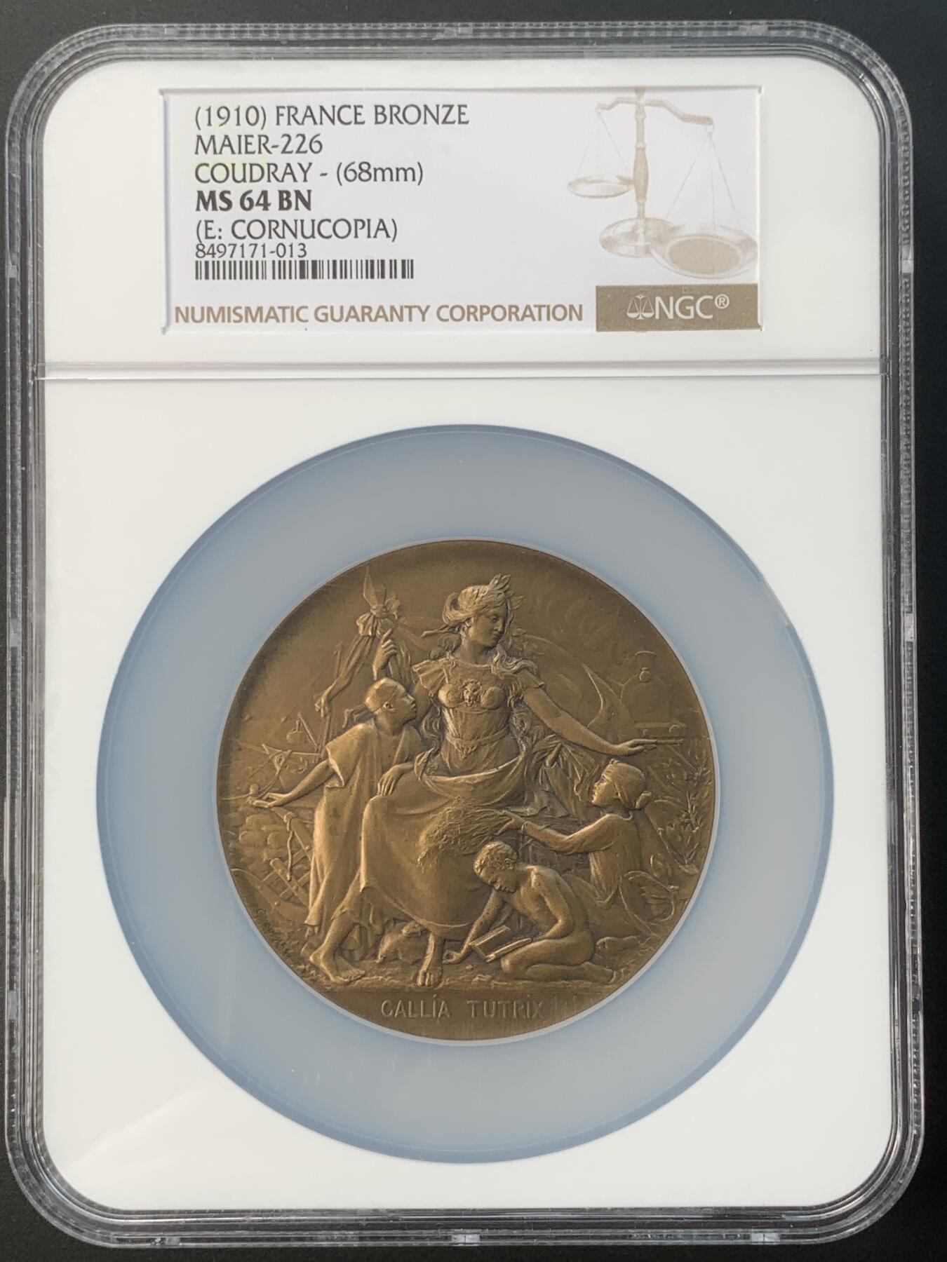 掌中浮雕-藏着的欧洲第031场 NGC MS64 ：1910年法国全球殖民铜奖章 ，68mm， 雕刻家：Lucien COUDRAY  ，Nicolas Maier法国优秀雕刻家作品书#226号