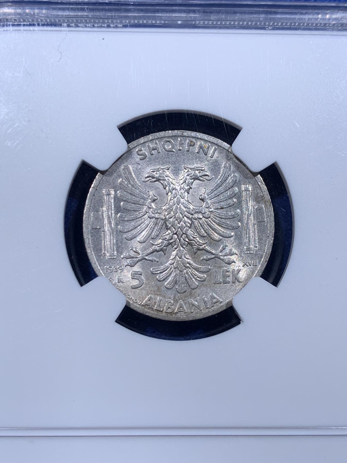 《竞宝斋》第399场 周日，周一，2场连拍 （全场包邮） NGC UNC 意属阿尔巴尼亚 1939年5列克银币 好品难得