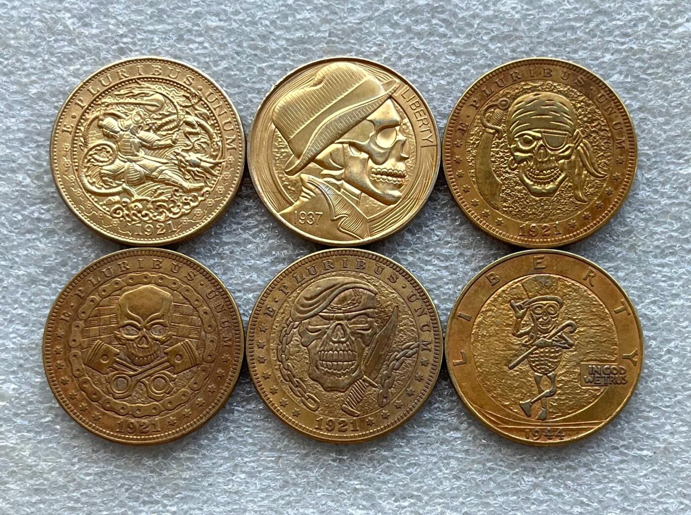 外国老铜银币，福在眼前手雕镂空玉牌，历代古钱币（含秦半两、五铢记号钱、常平五铢、会昌开元、南宋钱），彼得堡世界钱币勋章拍卖第129期 美国摩根银元流浪币造型镀金纪念章6枚