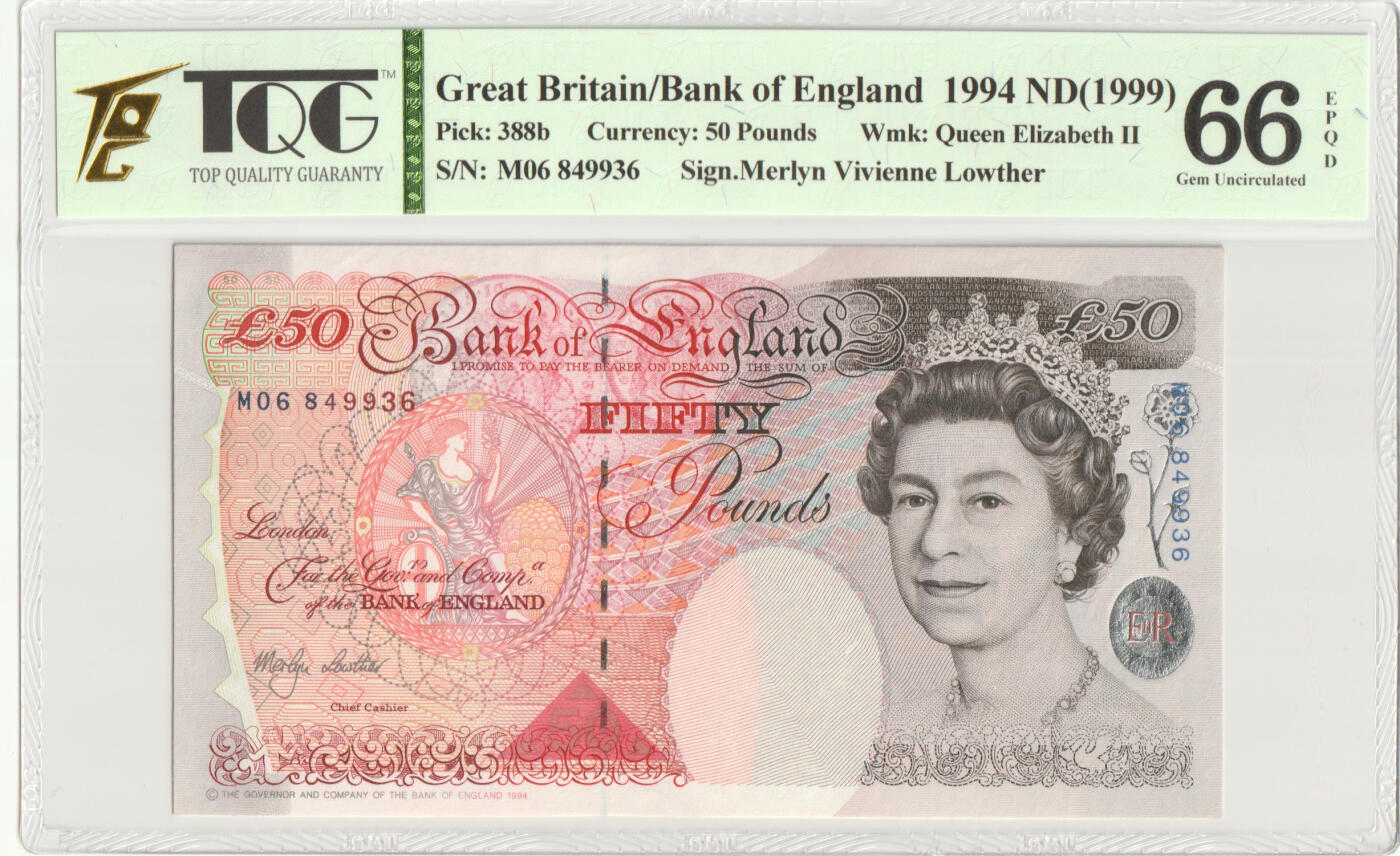 PThappally收藏第51次拍卖，英联邦地区硬币纸币 英国 年份 1999, 50 英镑 全新的 纸币 克劳斯目录编号: 388b, 签名: Merlyn 认证于: TQG 66 EPQD Gem UNC