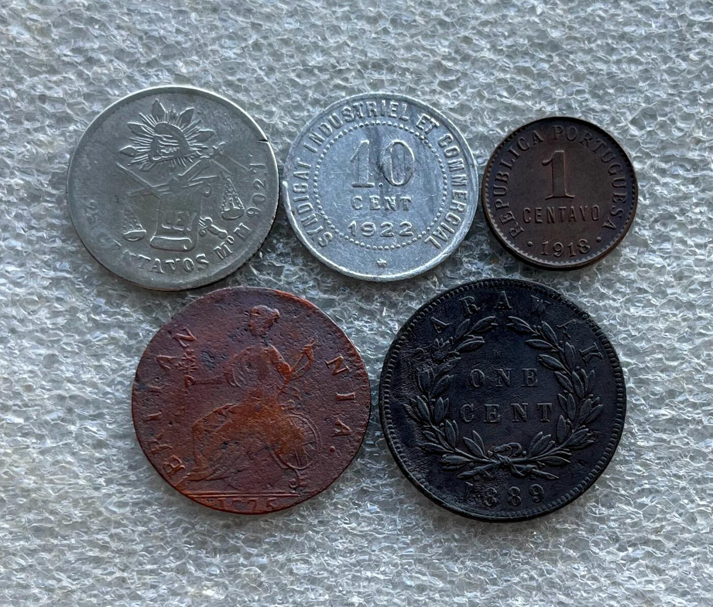 外国老铜银币，福在眼前手雕镂空玉牌，历代古钱币（含秦半两、五铢记号钱、常平五铢、会昌开元、南宋钱），彼得堡世界钱币勋章拍卖第129期 外国老铜银币一组5枚，含：墨西哥1888年鹰洋小银币，法紧铝币、葡萄牙、英国、沙捞越铜币