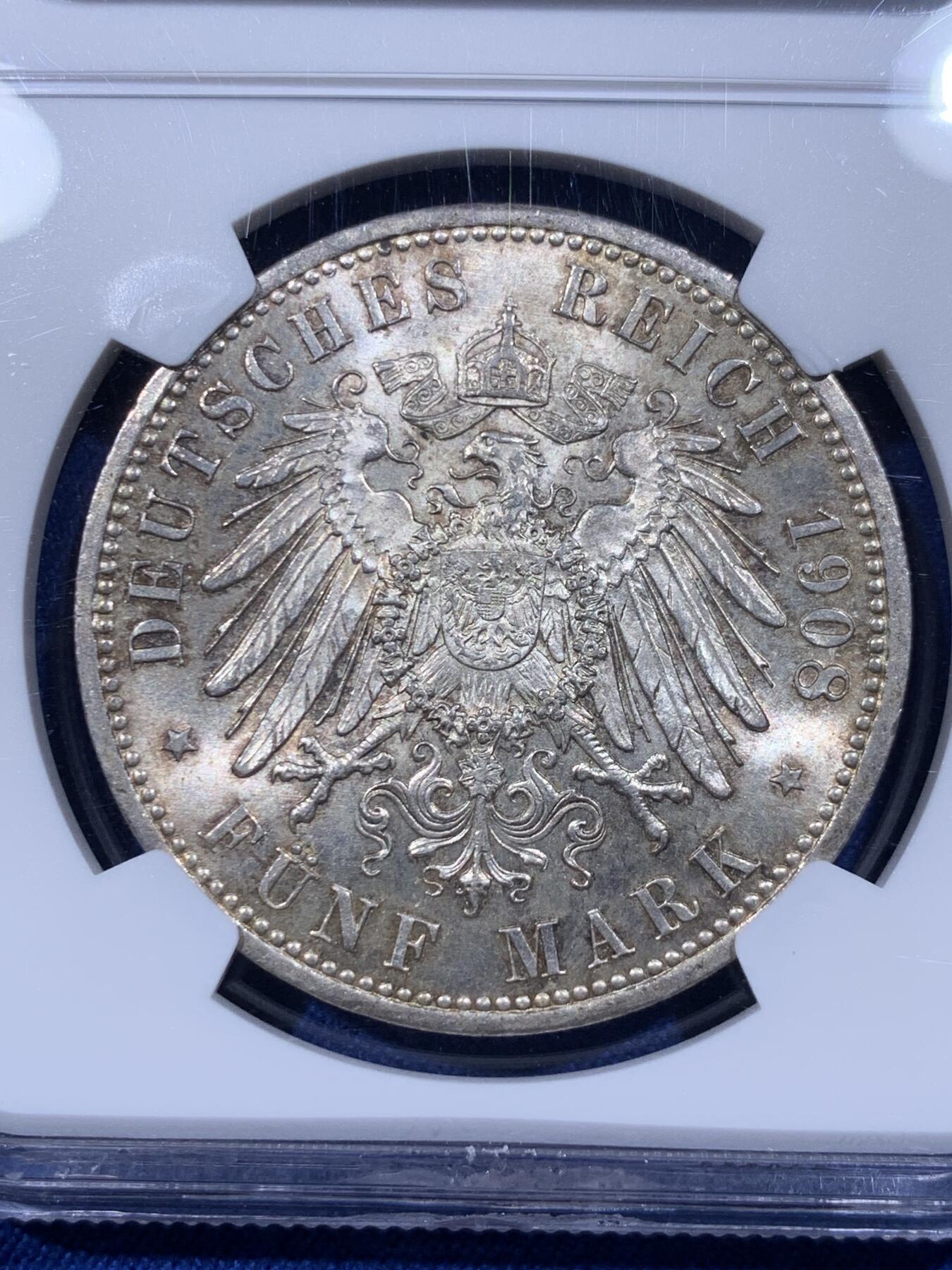 《竞宝斋》第399场 周日，周一，2场连拍 （全场包邮） NGC MS62 德国 1908年 威廉二世5马克大银币，流通品种，MS级极其稀少！一年就两三枚上拍记录。低评