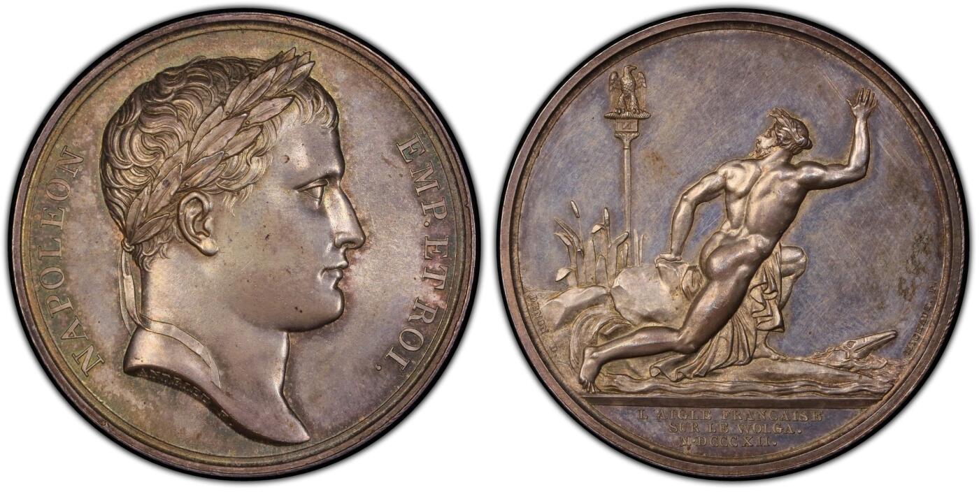 「木头集藏」章牌精品专场！ Andrieu Michaut～1812年法国拿破仑银章，PCGS SP62，纪念法军抵达伏尔加河。状态非常好，地板呈现镜面感。