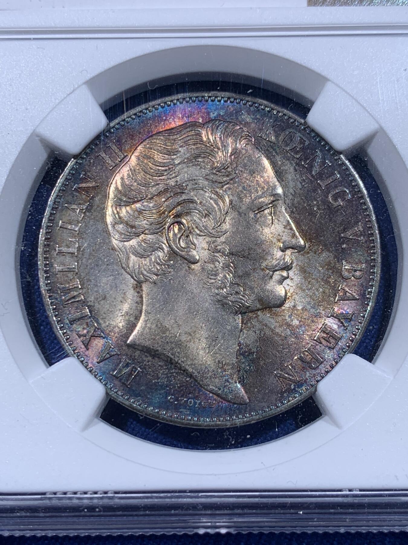 《竞宝斋》第399场 周日，周一，2场连拍 （全场包邮） NGC MS63  德国 1855年 巴伐利亚圣母抱婴2盾银币 五彩包浆