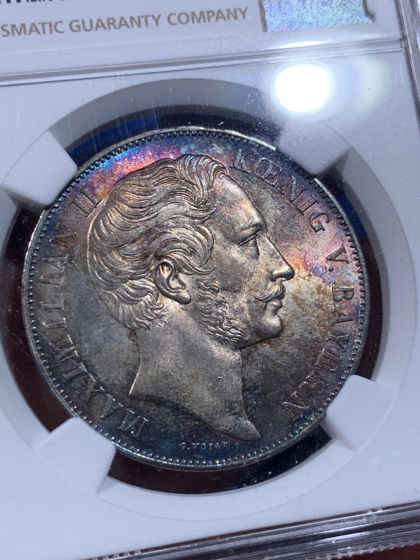 《竞宝斋》第399场 周日，周一，2场连拍 （全场包邮） NGC MS63  德国 1855年 巴伐利亚圣母抱婴2盾银币 五彩包浆