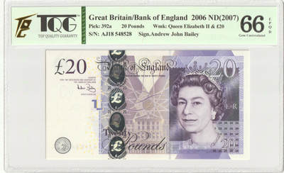 PThappally收藏第51次拍卖，英联邦地区硬币纸币 - 英国 年份 2007, 20 英镑 全新的 纸币 克劳斯目录编号: 392a, 签名: Bailey, 认证于: TQG 66 EPQD Gem UNC