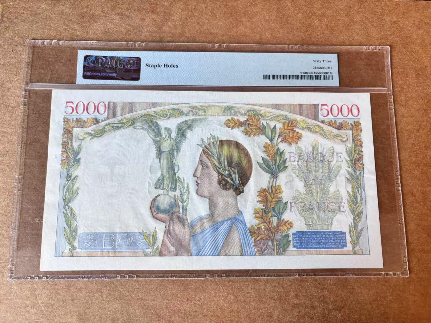【Blue Auction】第692期——法国纸币专场Part II (Pre 1965) 法国 1943年（3月18日）5000法郎胜利女神 超大票幅 PMG63 